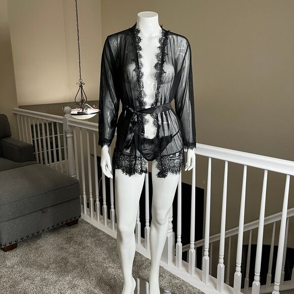 Sexy Romantic Sheer Black Lace Robe G String Thong Women's Size L #680 - Picture 2 of 12